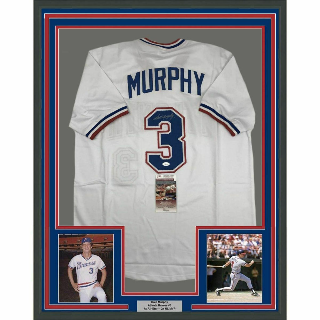 Framed Autographed/Signed Dale Murphy 33x42 Atlanta White Baseball Jersey JSA COA 