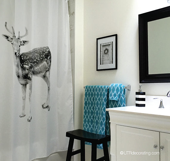 Shower curtain with deer - the inspiration for my nature inspired bathroom decor