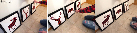 Plaid, DIY art, animals, cabin, bathroom, hang frames