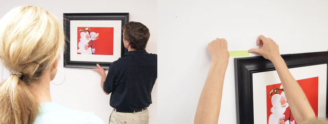 first steps in how to hang a large picture with d rings - positioning and marking the wall with tape