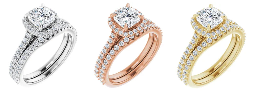 image of engagement rings in rose, white, and yellow gold