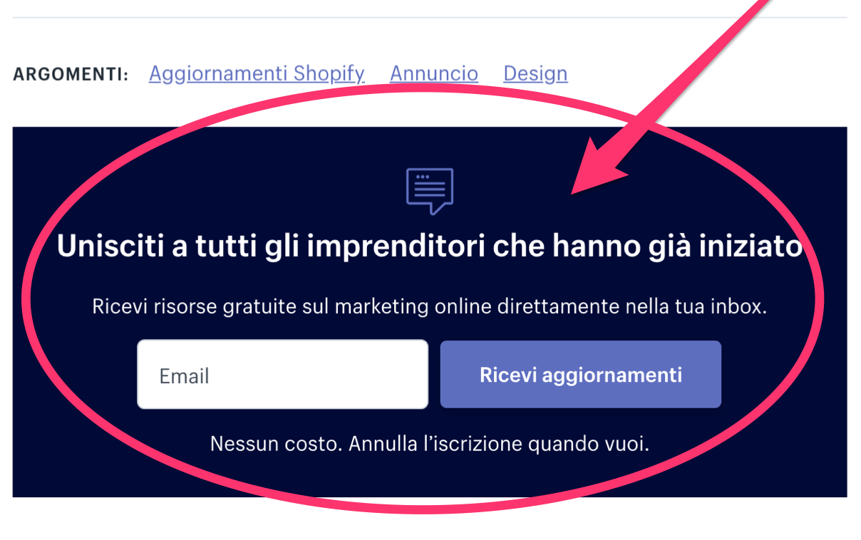 Modulo iscrizione blog di Shopify