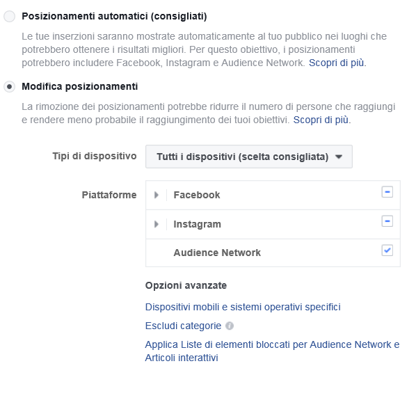 Facebook Ads posizionamento inserzione