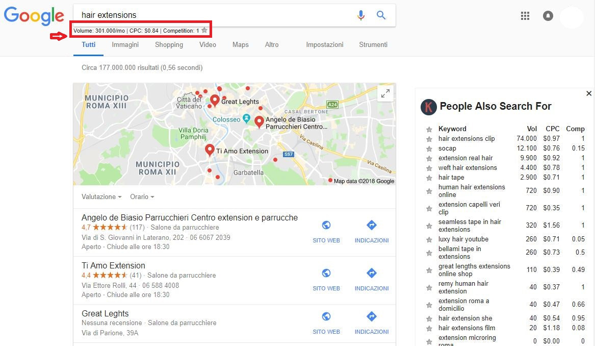 Hair extension Google Keywords Everywhere volume ricerche validare idea prodotto