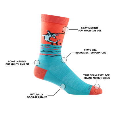 Men's tailwalker crew lifestyle sock with feature benefit callouts such as temperature regulation and long lasting durability