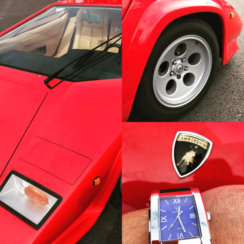 Herrklocka med blå urtavla och fyrkantig design - klocka i kollage med Lamborghini