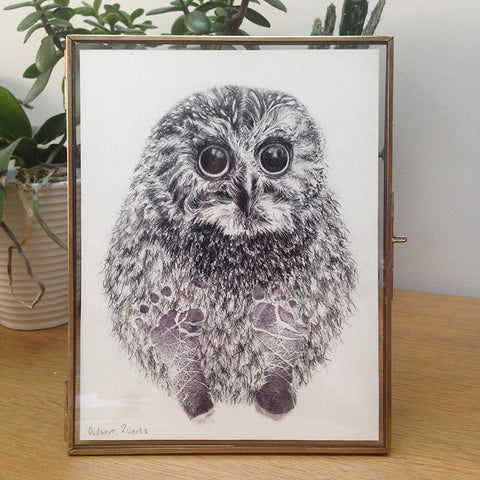 owl pencil drawing with baby footprints