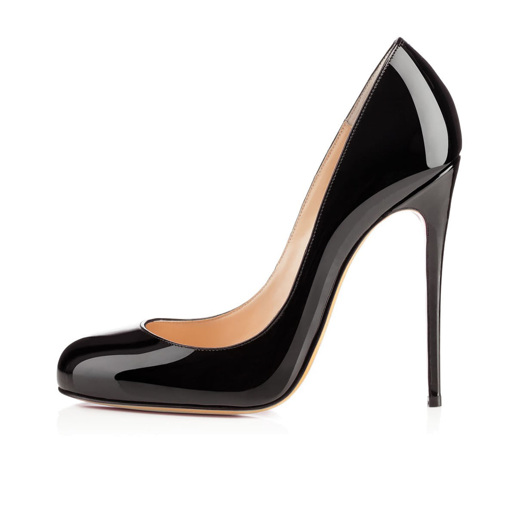 round toe patent leather pumps