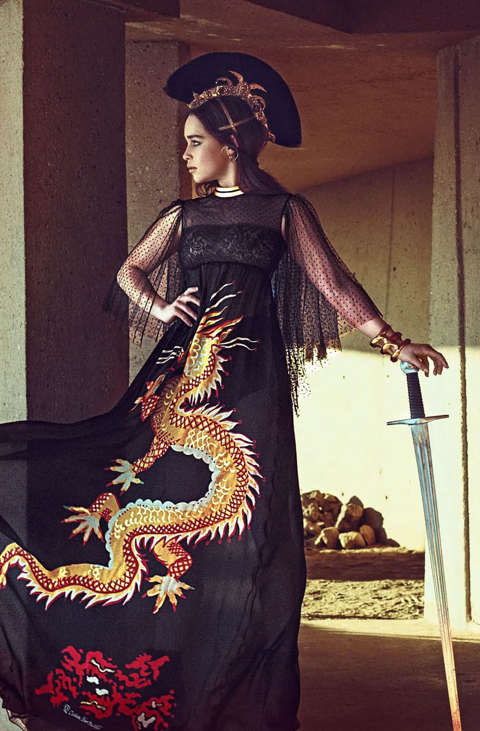 Emilia Clarke: Black horsehair Mohawk and feather necklace, HARPERS BAZAAR US