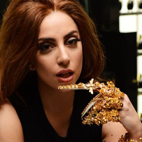 Lady Gaga: Custom armor nail “CLAW” and cuff for the Fame perfume launch in Harrod’s