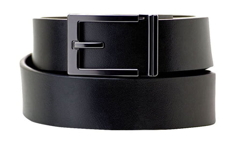 Men's ratchet belt buckle and black leather belt. The "Express Belt" with Trakline technology by Kore Essentials