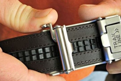 Trakline Gun Belt (backside view) track and ratchet belts fit.  EDC gun belts by Kore Essentials.