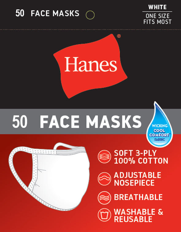 Hanes White Cotton Face Mask 50 Pieces Pack (€1.19 per Pack)