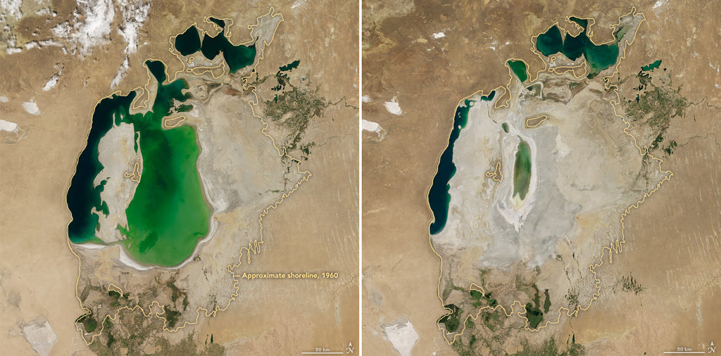 [From left] Satellite pictures of the Aral Sea in the year 2000 and in 2016  (photo credit: NASA Earth Observatory)