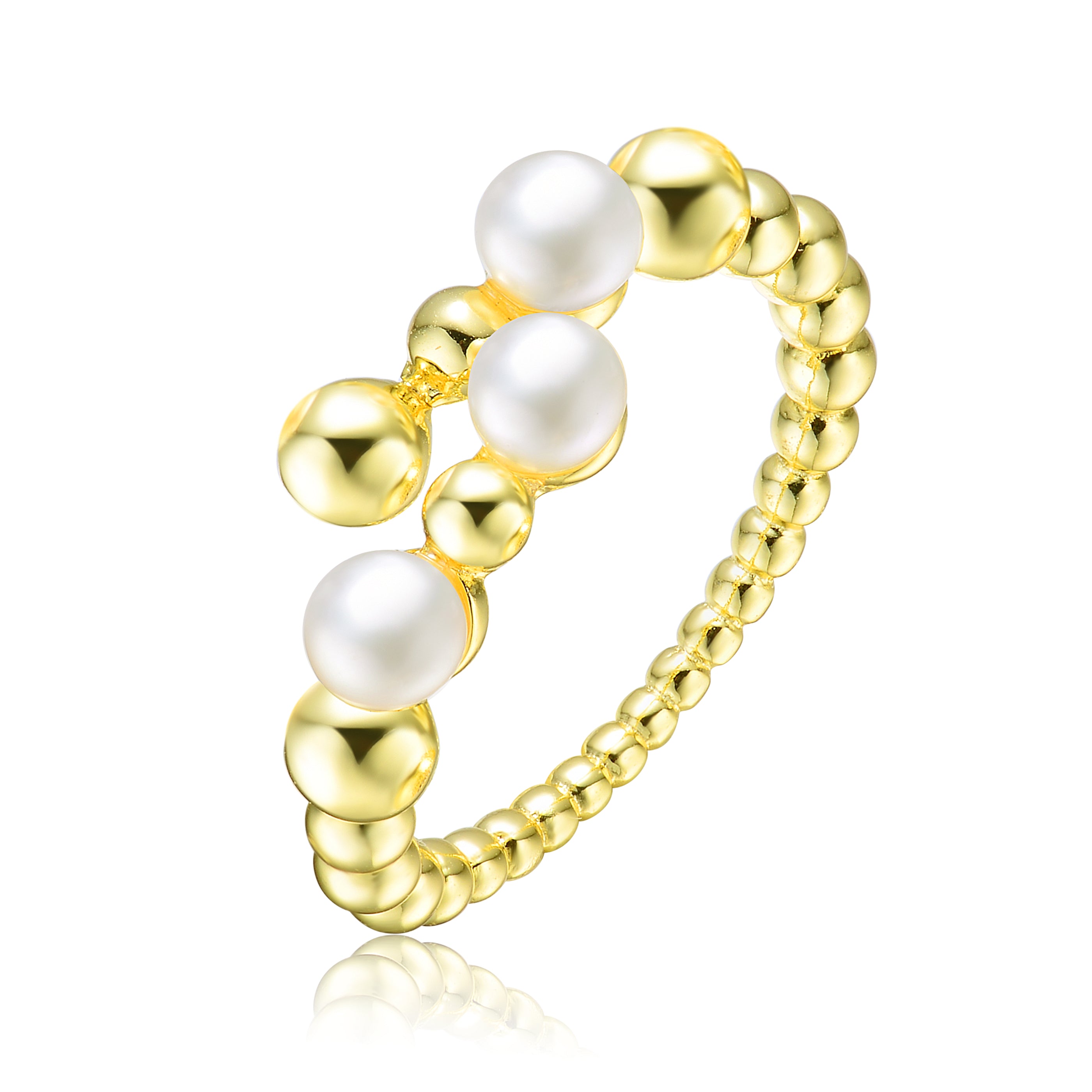 Genevive Sterling Silver Gold Plated 4MM Freshwater Pearl Ring with Balls