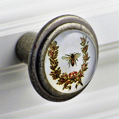 sku 110 x silver knob with bumblebee artwork under glass face 