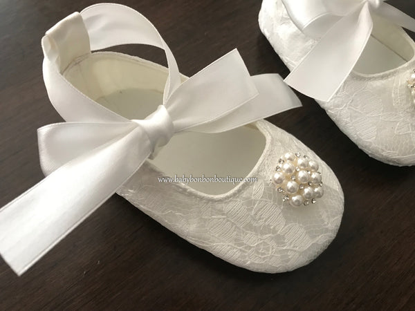 French White Baby Girl Baptism Shoes 