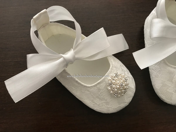 Baby Girl Christening Shoes, Pearls 