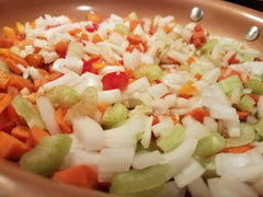 Saute, onions, carrots, celery, bell peppers, corn