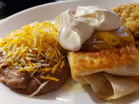 Creamy Chicken Chimichangas with Golden Pea Rice & Pinto Beans - yellow peas, pinto beans