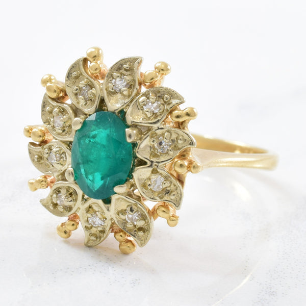 'Courtship' Floral Diamond Halo Emerald Ring Circa 1940s | 0.12ctw, 0.55ct | SZ 8 |