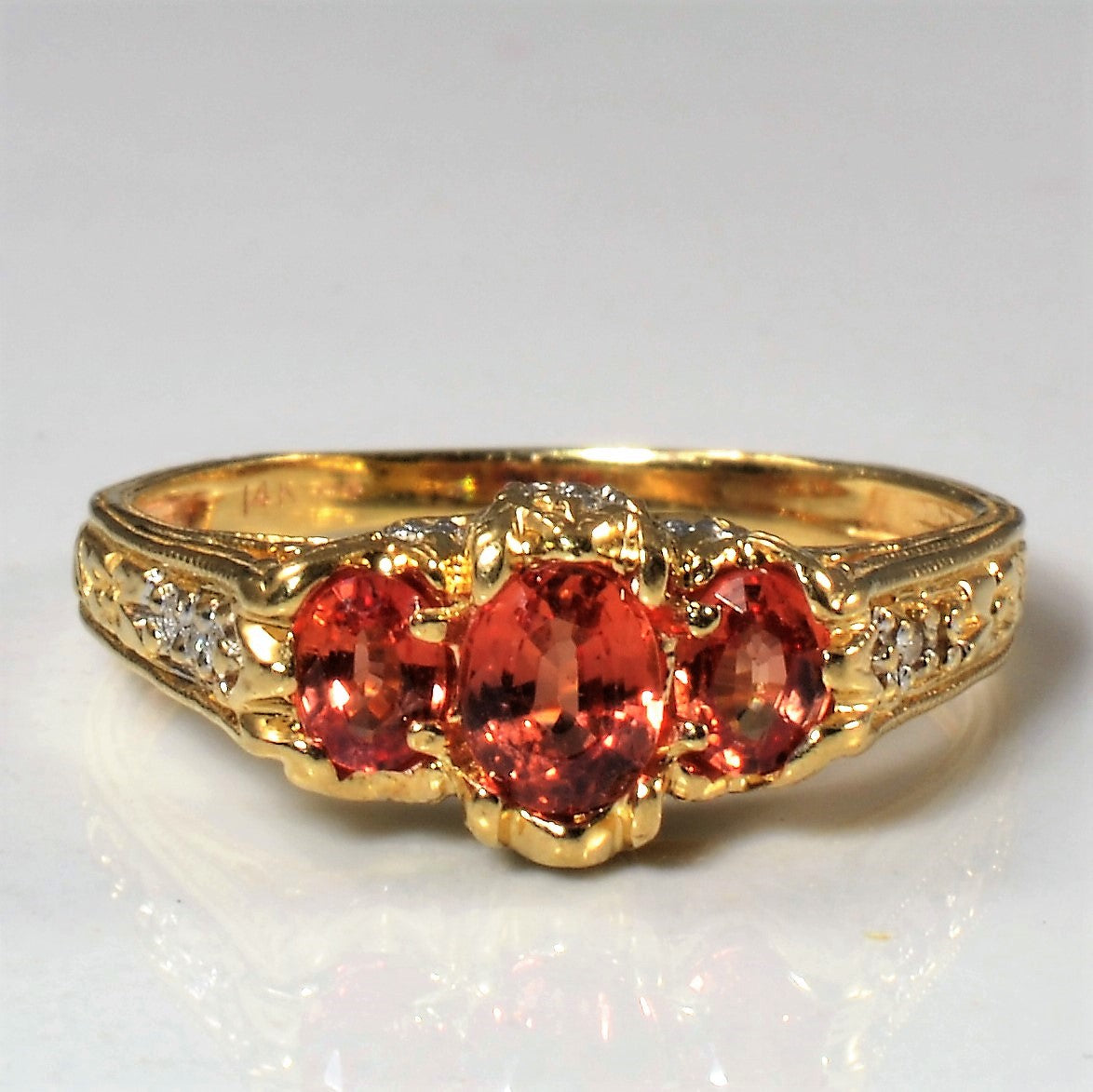 Three Stone Orange Sapphire & Diamond Ring | 1.00ctw, 0.06ctw | SZ 7.5 |