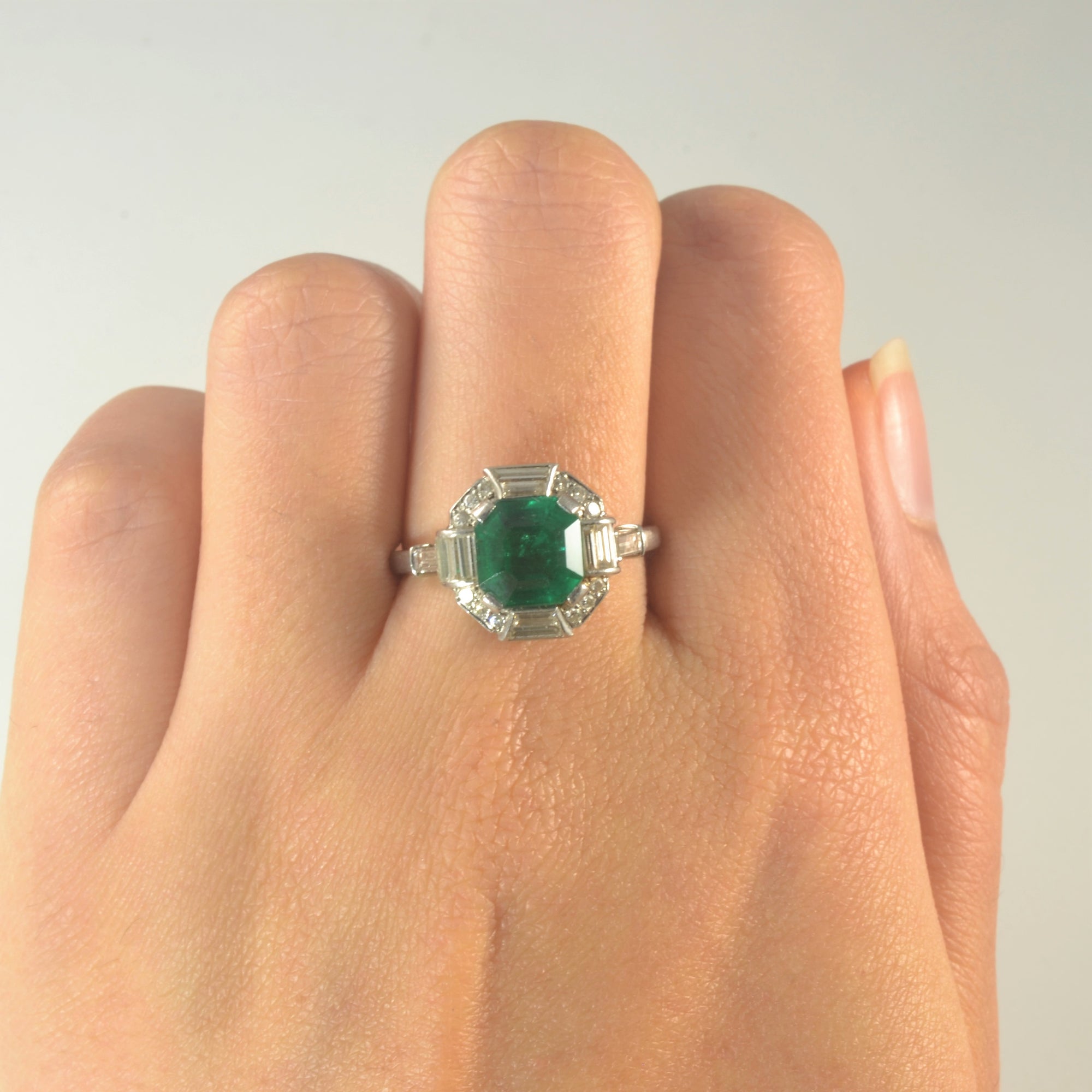 Art Deco Asscher Cut Emerald Ring | 2.15ct, 0.46ctw | SZ 8 |