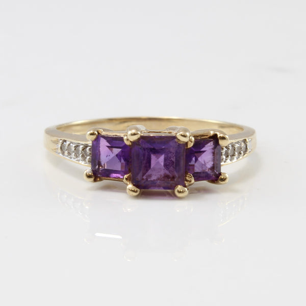 Amethyst Three Stone Ring | 1.00ctw, 0.04ctw | SZ 10 |