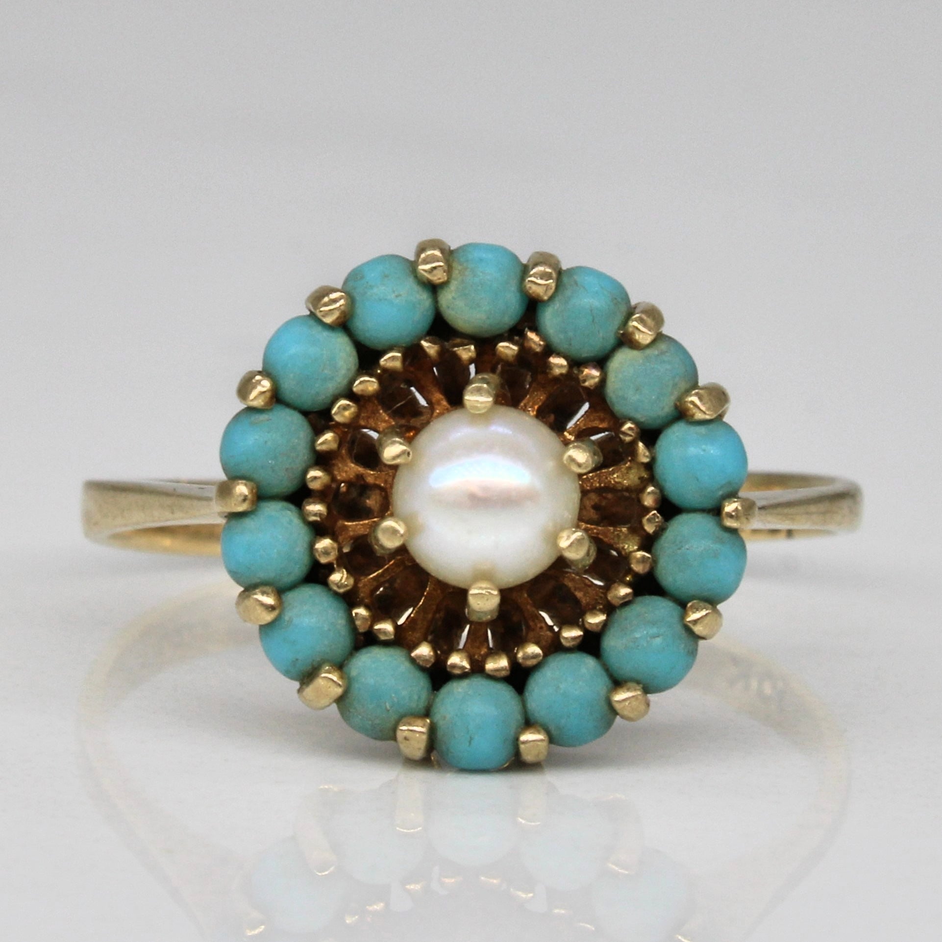 High Set Turquoise & Pearl Halo Ring | 0.63ctw | SZ 7 |