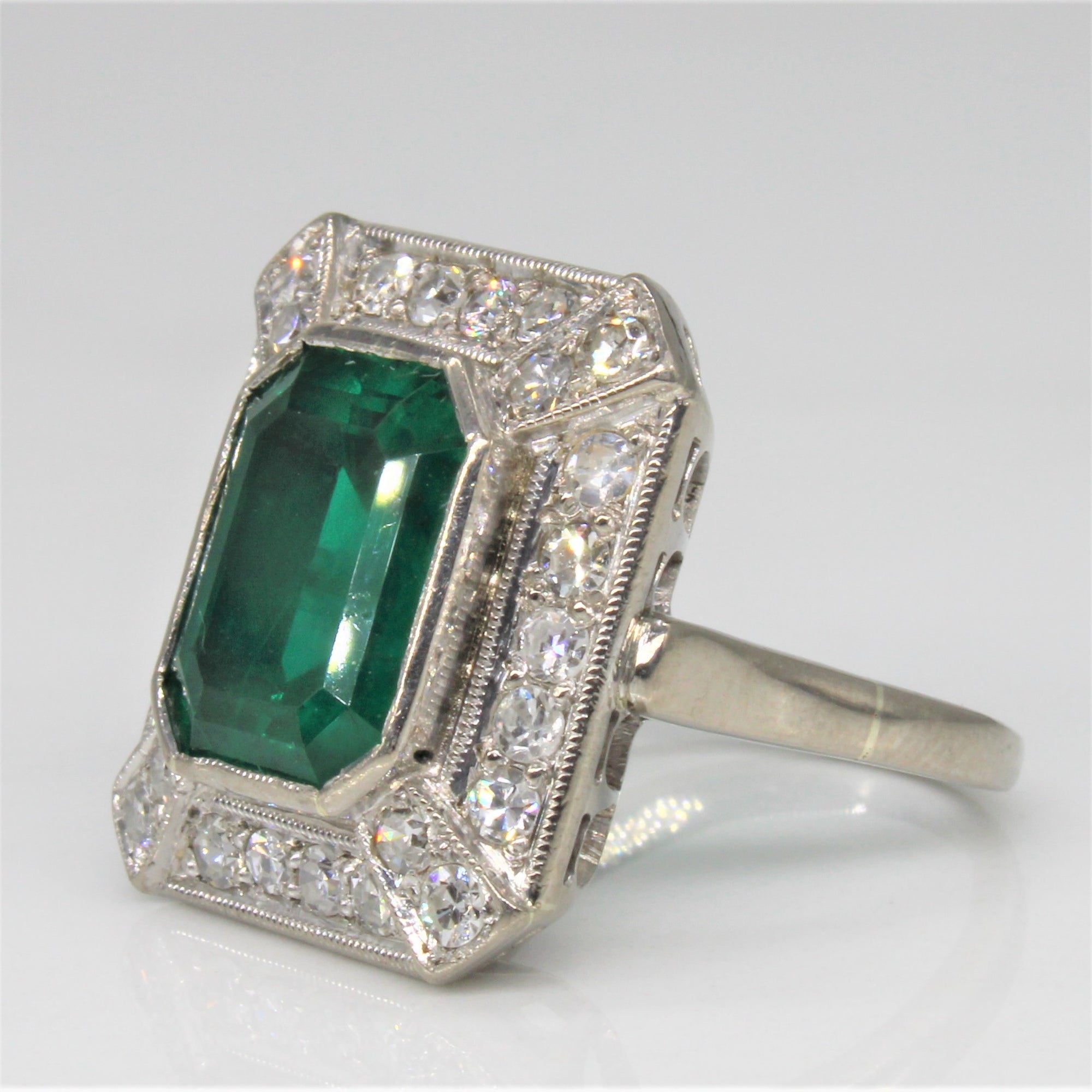 Art Deco Synthetic Emerald & Diamond Cocktail Ring | 4.00ct, 0.78ctw | SZ 4.5 |