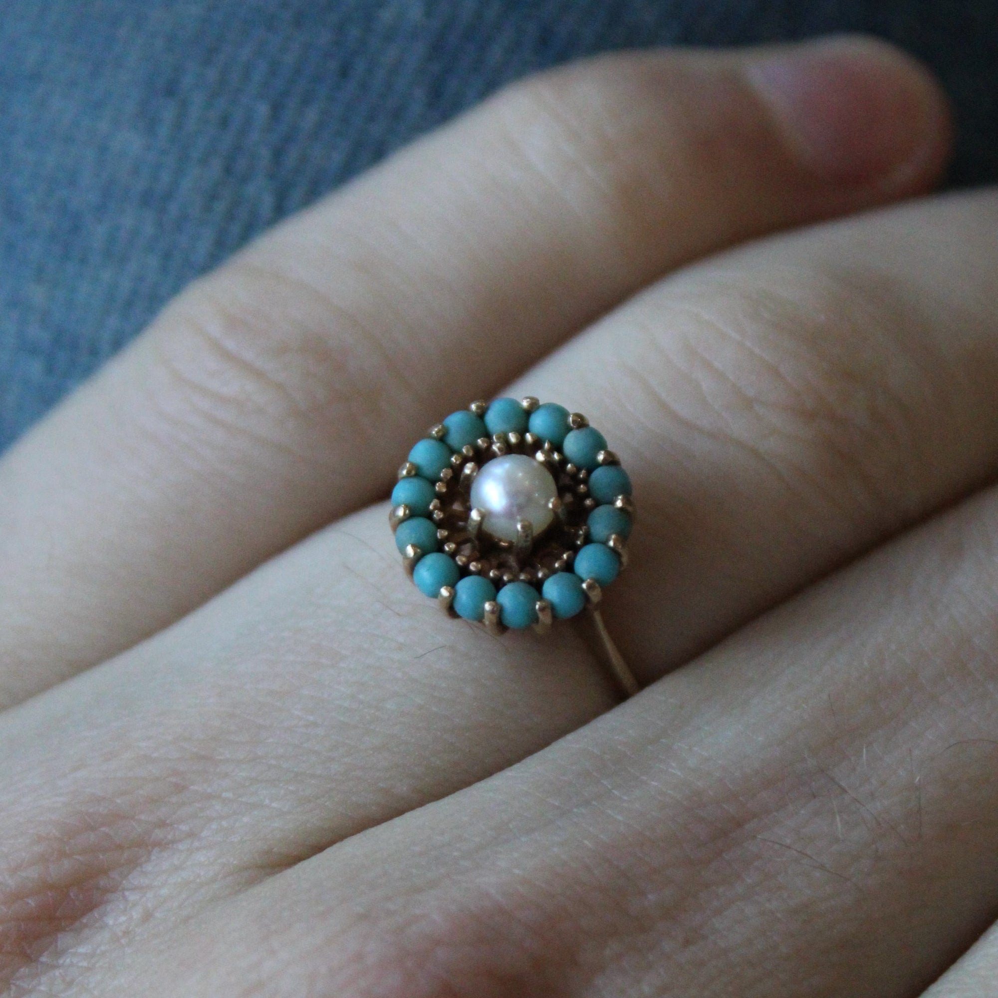 High Set Turquoise & Pearl Halo Ring | 0.63ctw | SZ 7 |