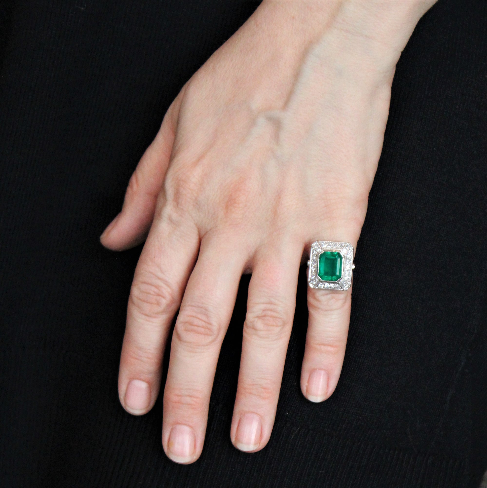 Art Deco Synthetic Emerald & Diamond Cocktail Ring | 4.00ct, 0.78ctw | SZ 4.5 |