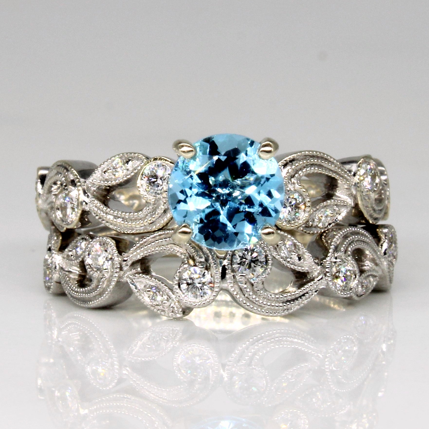 'Simon G' Blue Topaz Trellis Wedding Set | 0.80ct, 0.26ctw | SZ 4.5 |