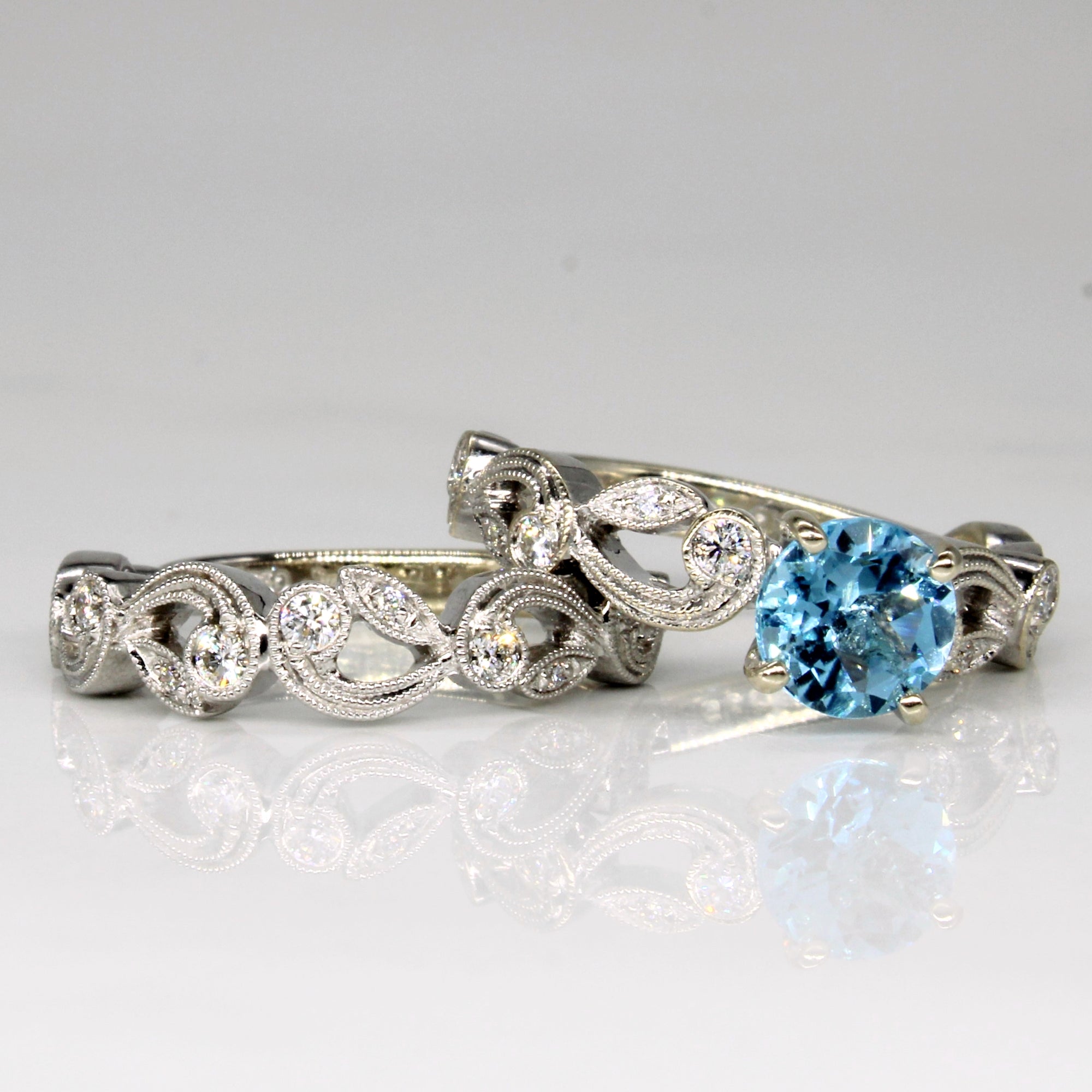 'Simon G' Blue Topaz Trellis Wedding Set | 0.80ct, 0.26ctw | SZ 4.5 |