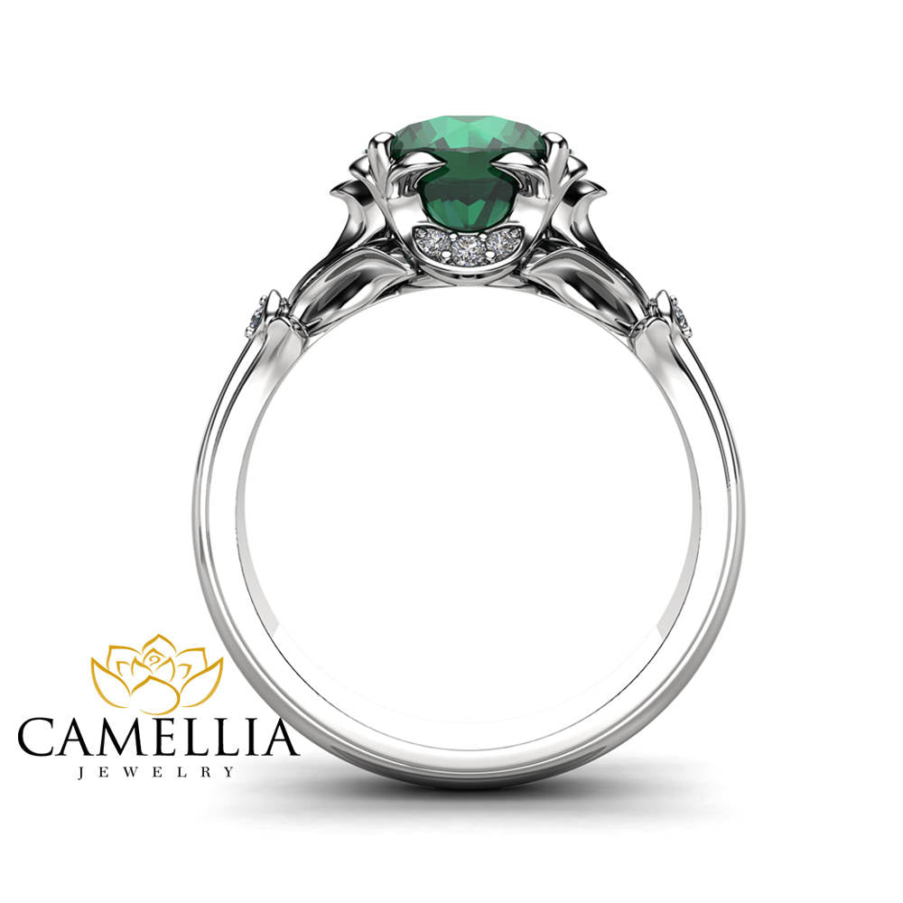 Emerald Petal Engagement Ring 14K White Gold Petal Ring 2 Carat Natural Emerald Engagement Ring