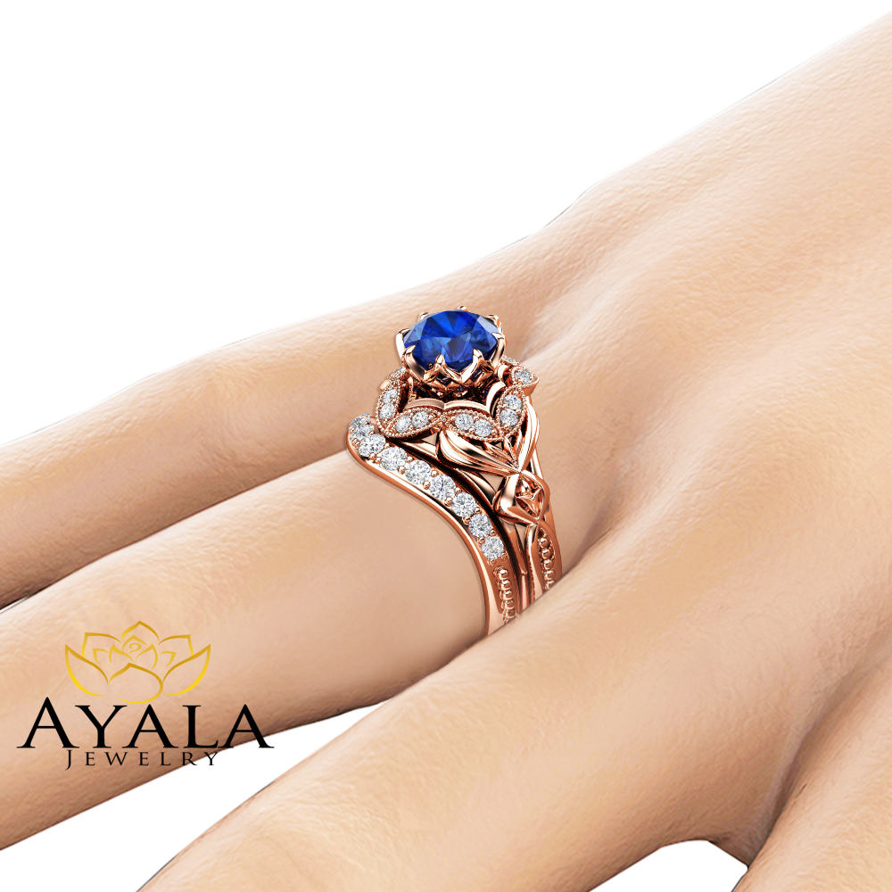 Sapphire Engagement Matching Rings Art Deco Rose Gold Ring Set September Birthstone Ring