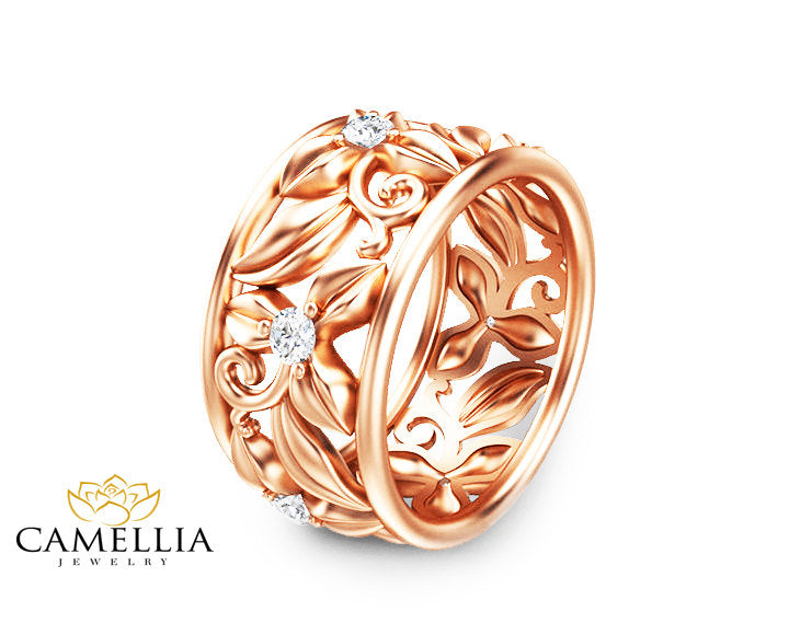 14K Rose Gold Diamond Anniversary Band Eternity Diamond Wedding Band Unique Flower Engagement Ring