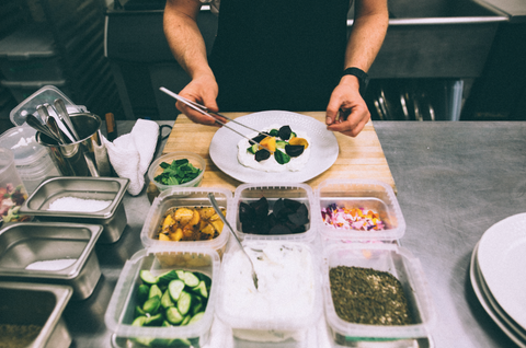 Mediterranean salad, a super tasty, seasonal salad with beets, pickled fuyu persimmon, Persian cucumbers, labneh and za’atar