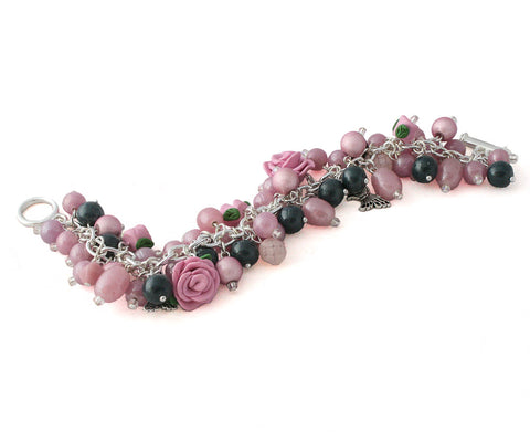 Commission pink & navy blue Floral charm bracelet by Lottie Of London Jewellery