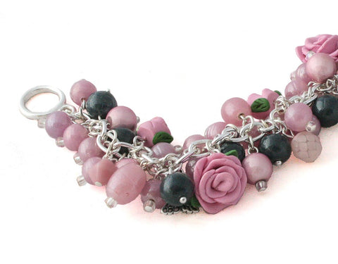 Commission pink & navy blue Floral charm bracelet by Lottie Of London Jewellery