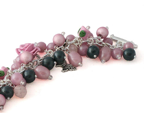 Commission pink & navy blue Floral charm bracelet by Lottie Of London Jewellery