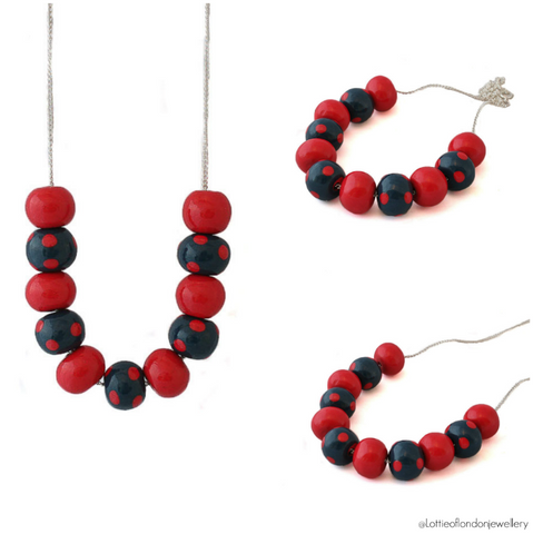 Navy & Red Polka Dot Bead Necklace | Commission at Lottie Of London Jewellery