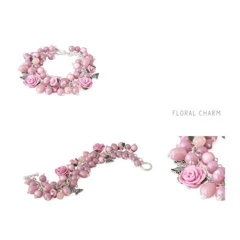 Pink Floral Rose Charm Bracelet