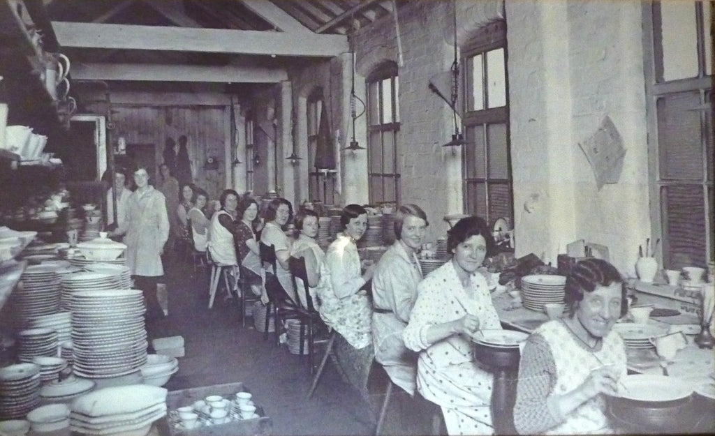 Historic image of Burleigh pottery workers in the Decorating and Banding section of the factory, taken in 1930