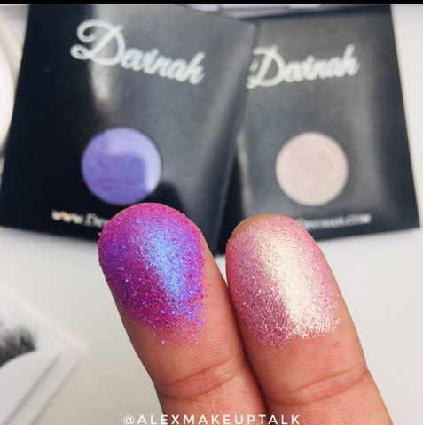 Finger dip swatch of Charmed and Gelicide purple duochrome pink duochrome eyeshadow