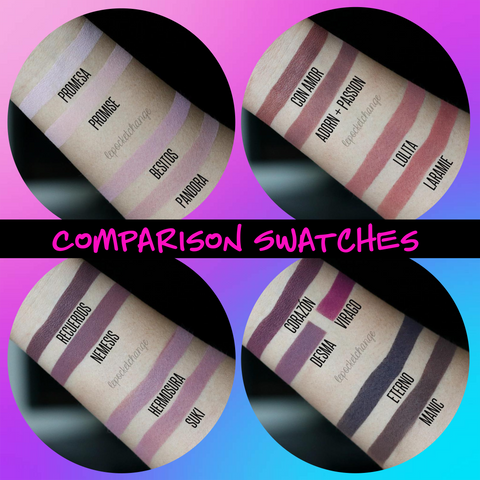 Swatch comparisons of the KVD Lolita Palette vs. Devinah Cosmetics