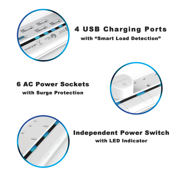 Lexuma XStrip XPS-S1640 6 socket UK Gang Surge Protected Power Strip with Smart IC 4 USB Charging Ports universal power strip best smart argos travel extension energy saving plug electricity smart strip homekit strip lgc3 smartthings argos travel power strip extension cord led power strip 英規 防雷拖板 防雷保護器拖板 USB拖板 拖板 - GadgetiCloud