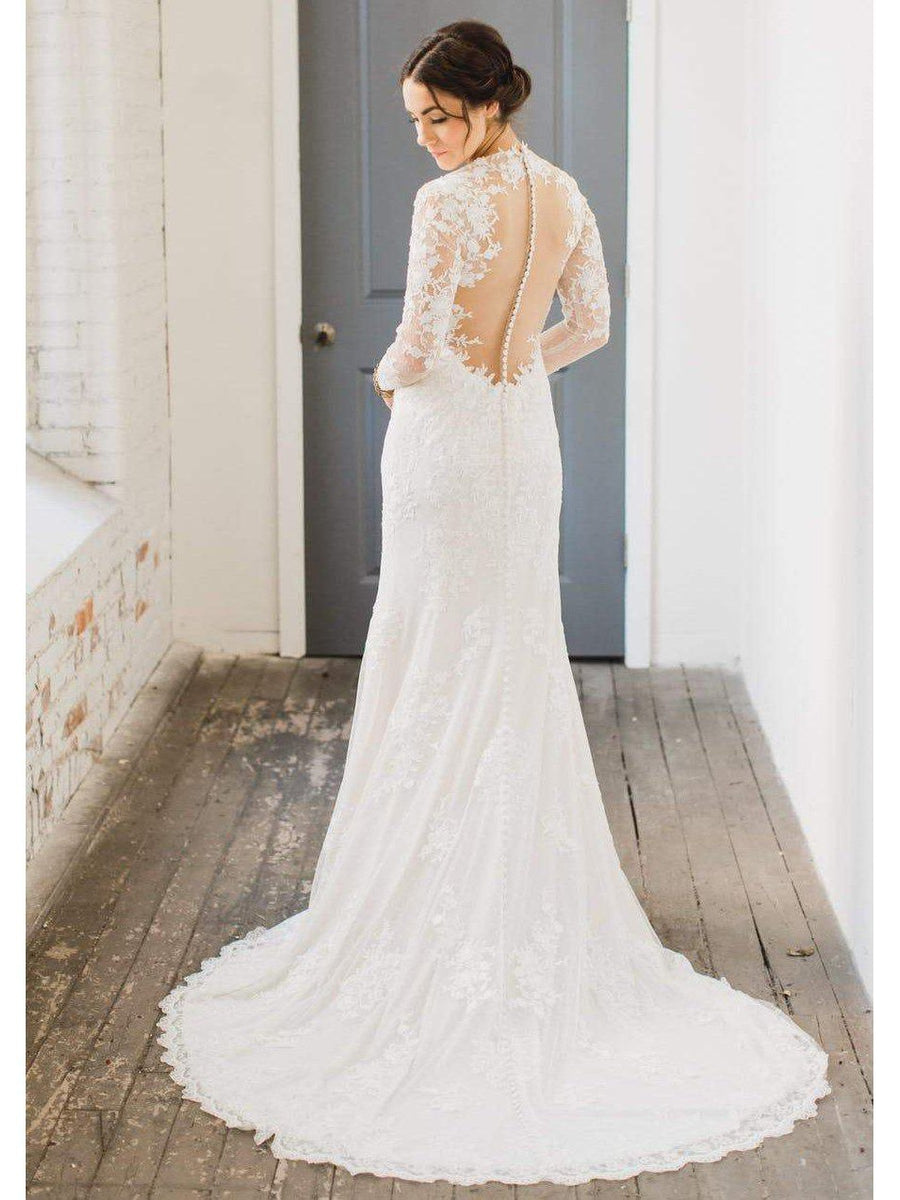 Long Sleeves Ivory Lace V Neck See Through Back Sheath Wedding Dresses Laurafashionshop 5694