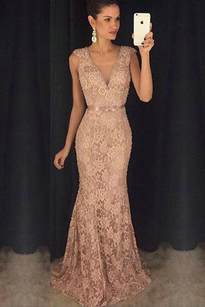 blush pink lace prom dress