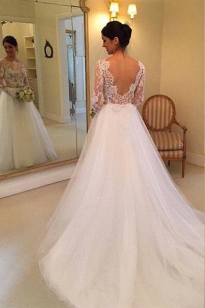 Romantic Back V Long Sleeves Lace Chapel Bridal Gown Wedding Dresses Laurafashionshop 2784